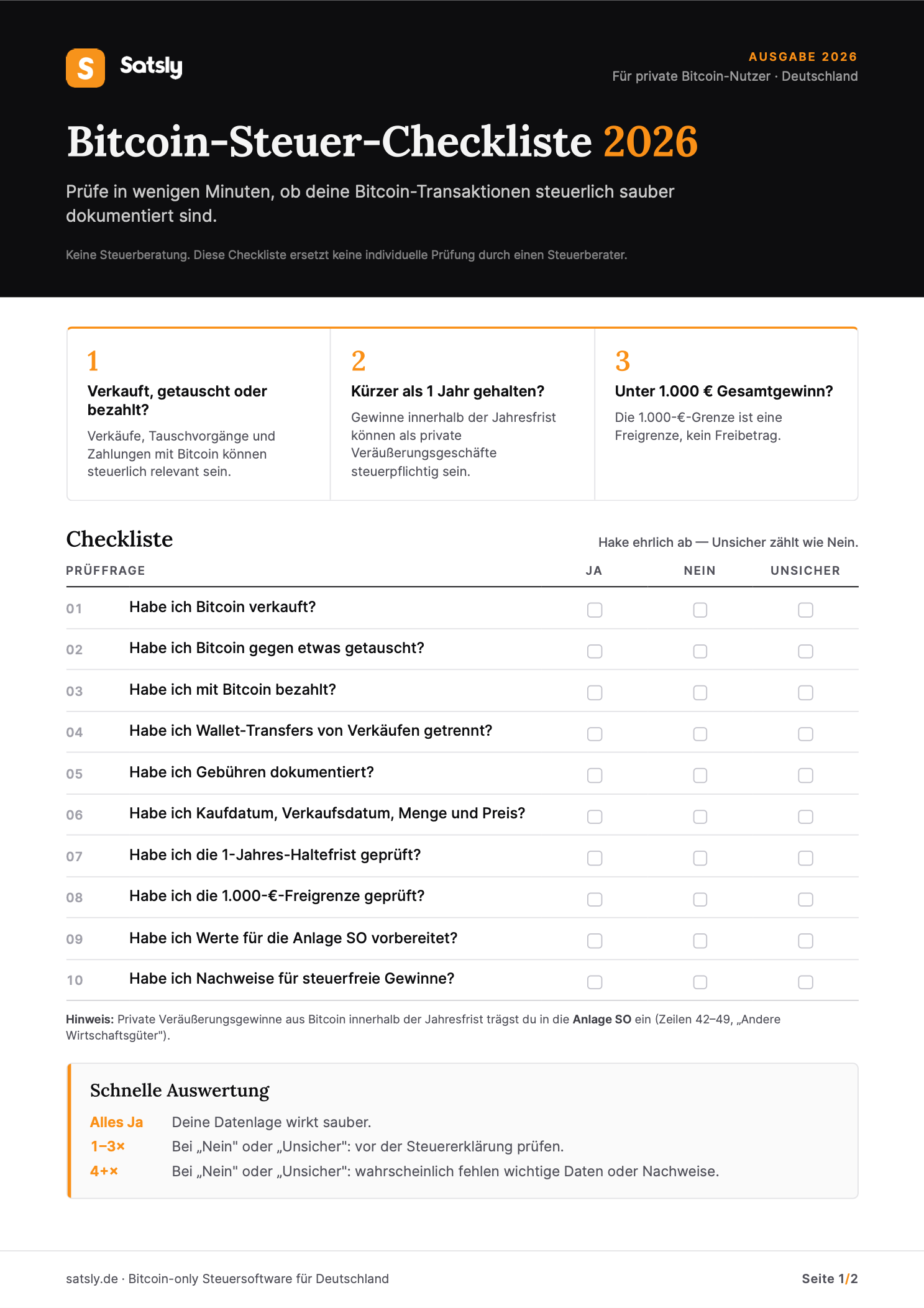 Bitcoin-Steuer-Checkliste 2026 – Vorschau Seite 1